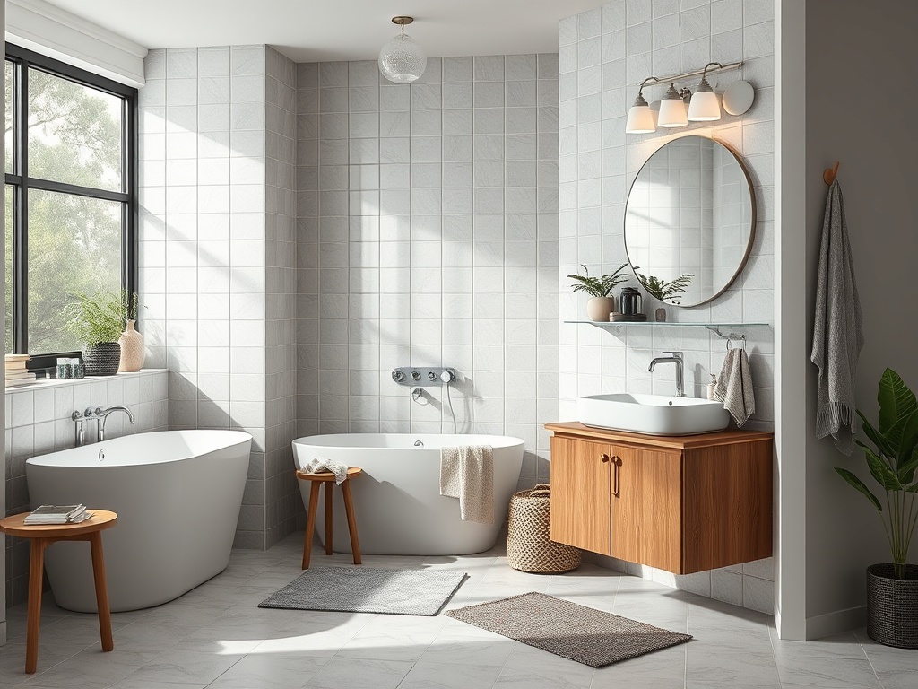 Современная ванная комната с двумя ваннами, стильной раковиной и большими окнами, наполненная светом.