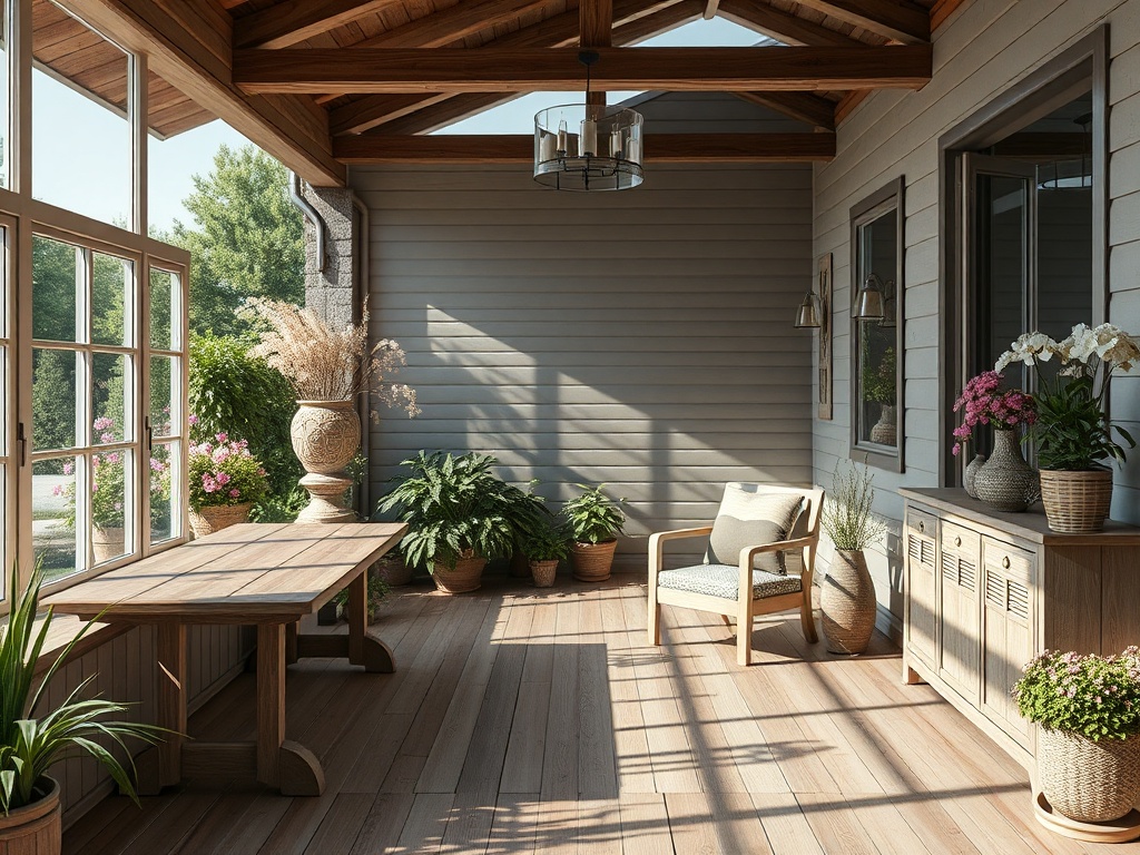 Солнечная веранда с деревянной мебелью и цветами в горшках, светлое и уютное пространство.