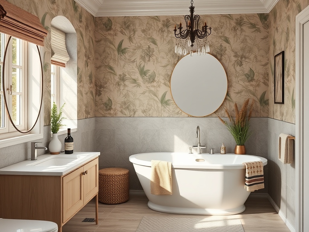 Светлая ванная комната с круглым зеркалом, большой ванной и элементами природы в интерьере.