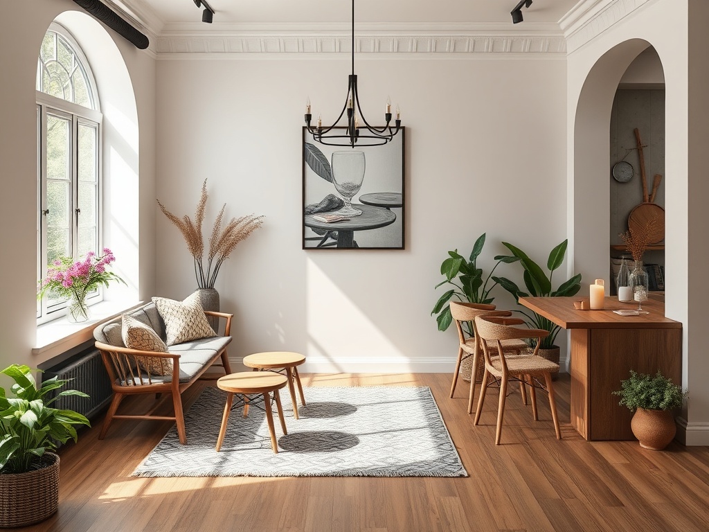 Светлая гостиная с диваном, столиками, обеденной зоной и зелеными растениями у окон. Стильный интерьер.