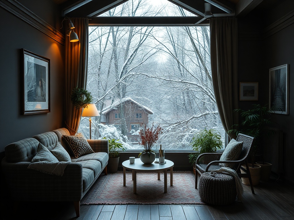 Уютная комната с видом на зимний пейзаж за окном и стильной мебелью внутри.