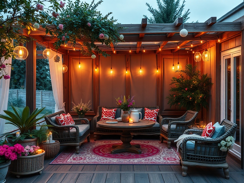 Уютная терраса с плетеными креслами, светильниками и цветами, освещённая тёплым светом.
