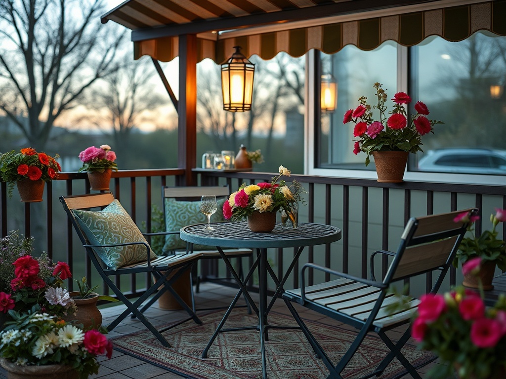 Уютный балкон с цветами, столом и стульями, освещённый фонарём на закате.