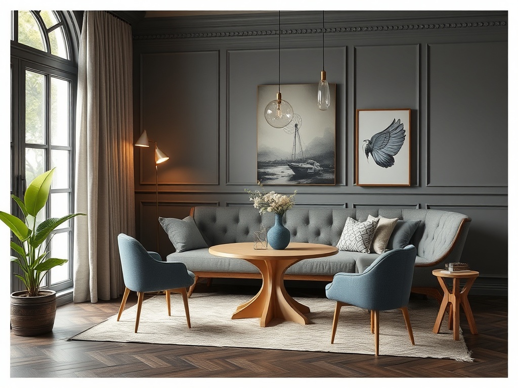 Современный интерьер с серой стеной, уютным диваном, круглом столе и стильными креслами. Зелёное растение в углу.