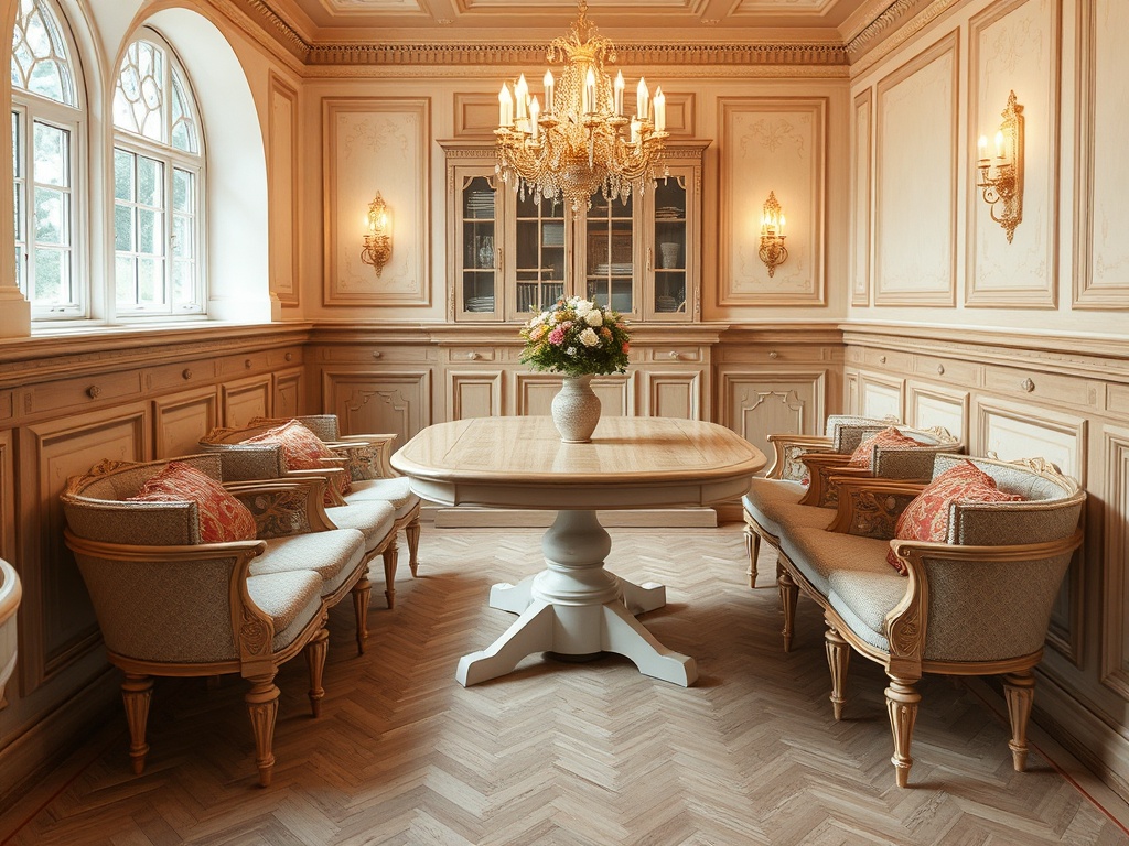 Элегантная комната с деревянным столом, мягкой мебелью и люстрой, украшенная цветами в вазе.