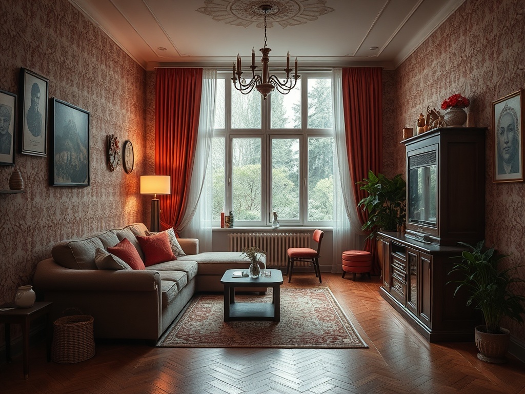 Уютная гостинная с мягким диваном, столом и окном, освещенным естественным светом и зеленью с улицы.