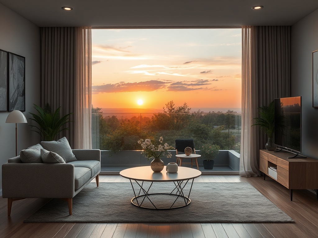 Красивая гостиная с панорамным окном, открывающим вид на закат и зеленый пейзаж. Уютная обстановка.