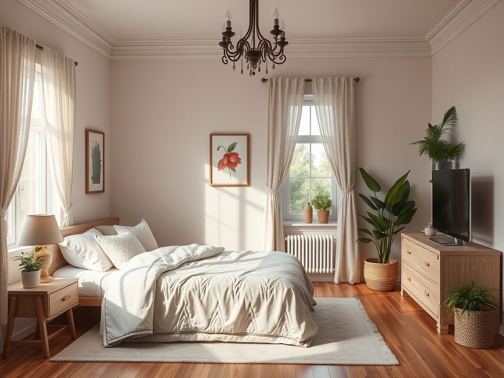 Современная спальня с большой кроватью, растениями и телевизором, наполненная светом и уютом.